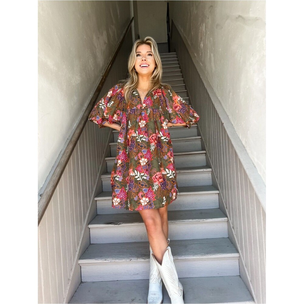 Olive Floral Puff-Sleeve Mini Dress with Pink and Red Blooms NWT